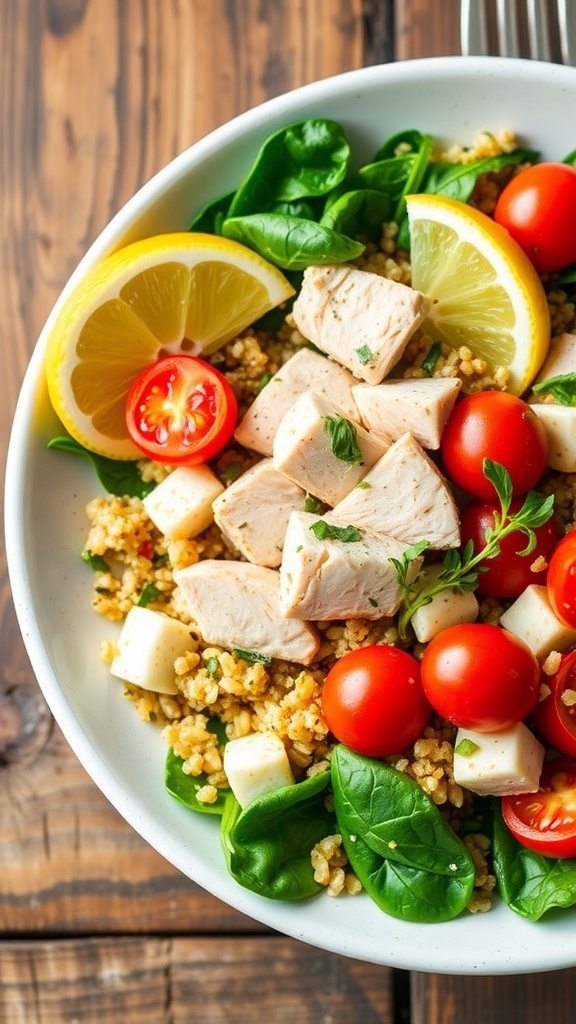 A healthy lemon garlic chicken quinoa bowl with chicken, quinoa, tomatoes, and spinach.